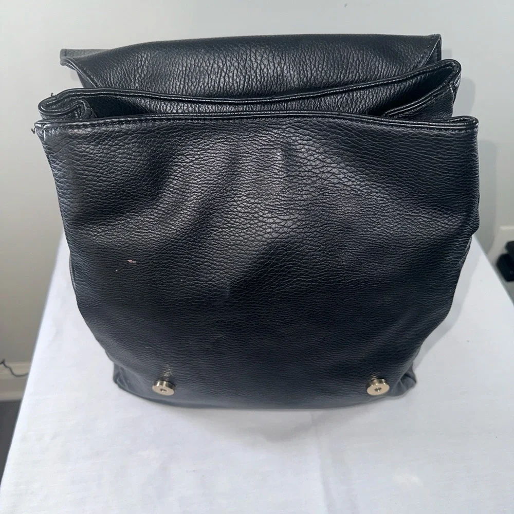 Madison West Faux Leather Convertible Backpack Tan and Black Gold Hardware